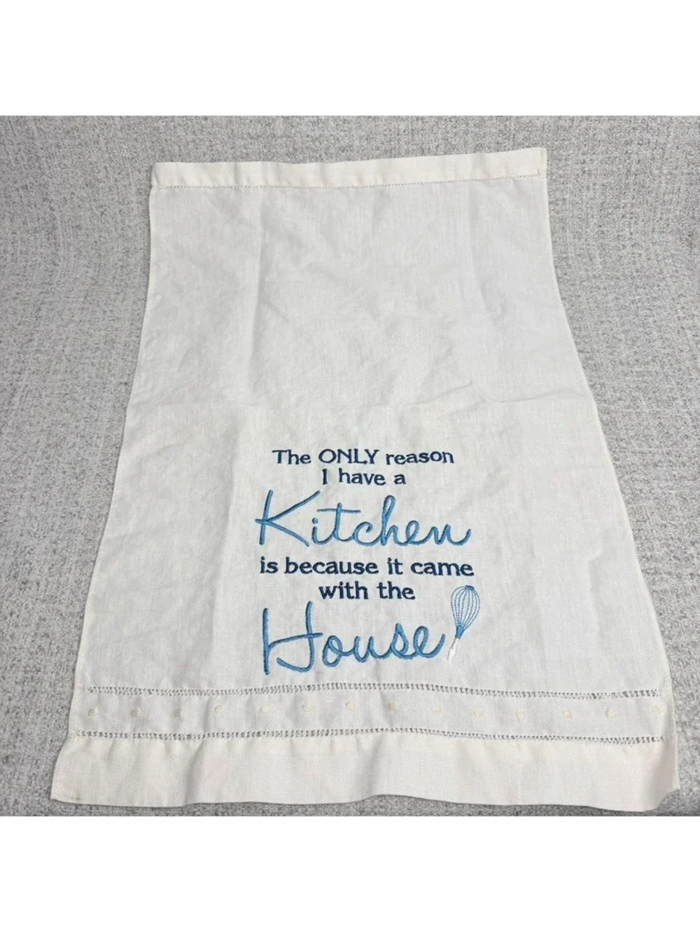 Linen Embroidered Kitchen Tea Towel Funny Kitchen House Blue White Cottagecore
